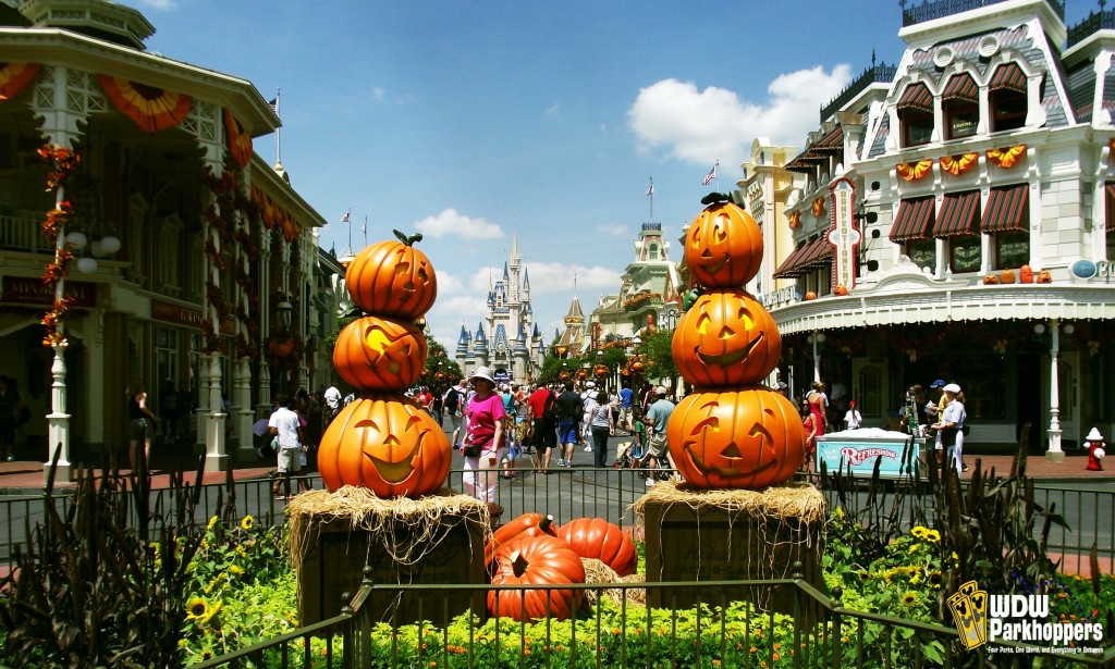 Halloween Pumpkins and Cinderella Castle on Main Street USA Magic Kingdom Walt Disney World